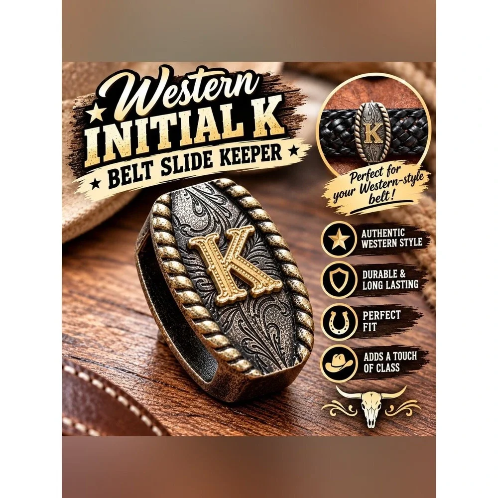 Western Initial K Belt Slide Keeper Two Tone Floral Scroll Rope Edge Oval